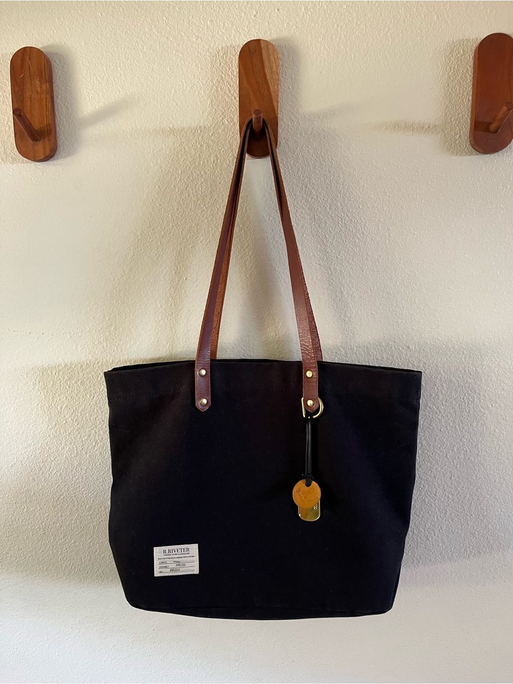 R. Riveter Canvas Tote with Brown Leather Straps - Black